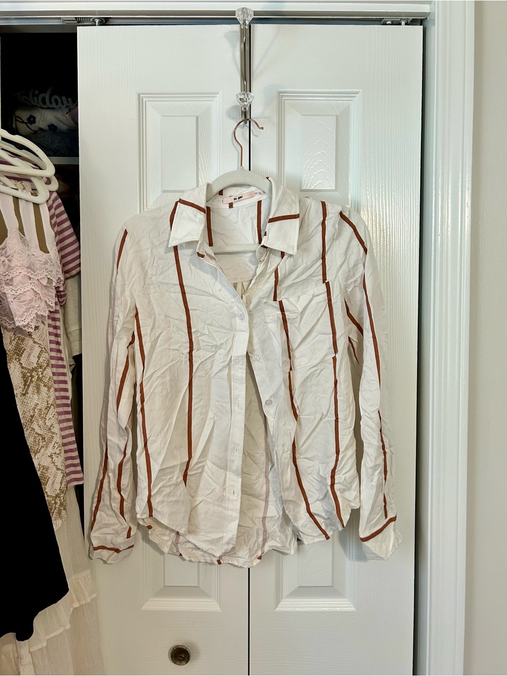 Francesca's Collections White Button-Down Shirt with Camel Stripes